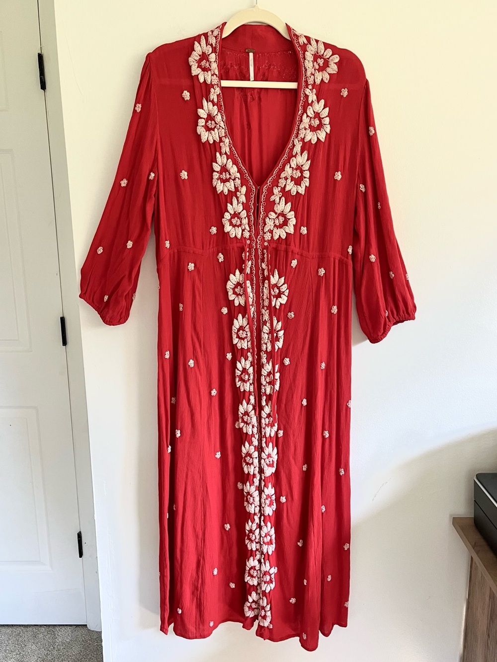 Free People Embroidered Fable Red Midi Dress Boho Flowy Hippie Lightweight Large - Picture 3 of 10